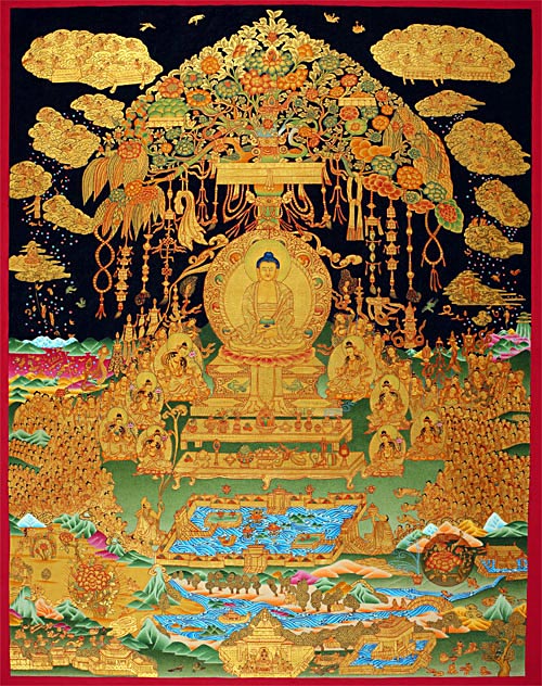 Czysta Kraina najwyższej błogości jest zwana po tybetańsku Dełaczien lub w sanskrycie Sukhawati